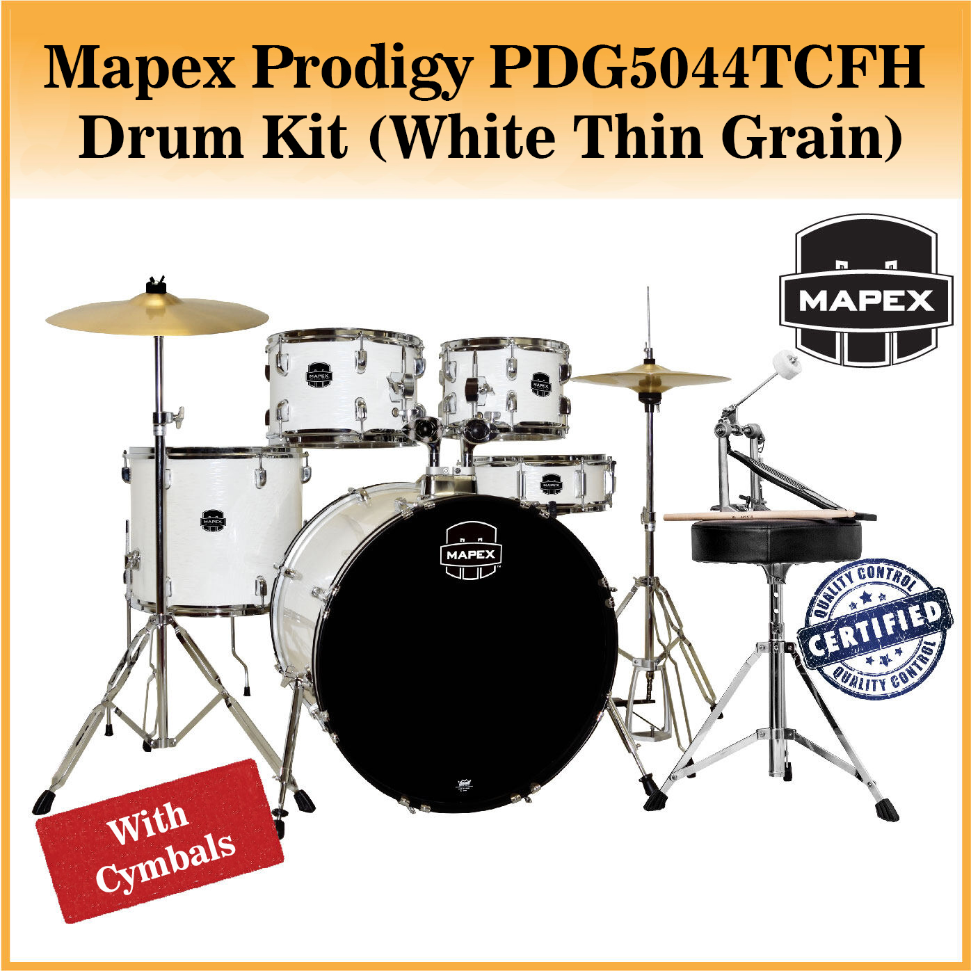 Mapex Prodigy PDG5044TCFH Drum Kit (White) with 4-Pieces Hardware, Throne, 14